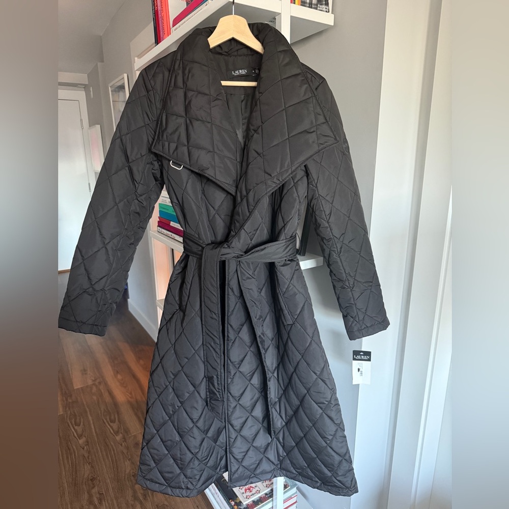 Lauren Ralph Lauren Buckle-Trim Diamond Quilted Wrap Coat, Size Medium, Black